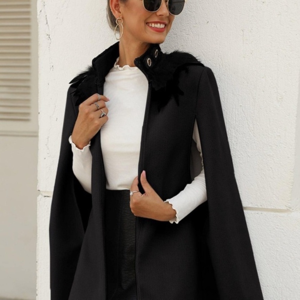 black Feather Detail CAPE Coat jacket - Picture 4 of 6